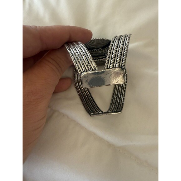 Turquoise Colored Dyed Stone WIDE Statement CUFF Bracelet Silver Tone Art Deco - Picture 6 of 7